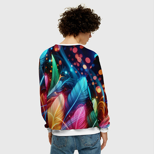 Мужской свитшот Яркие красочные неоновые перья / 3D-Белый – фото 4