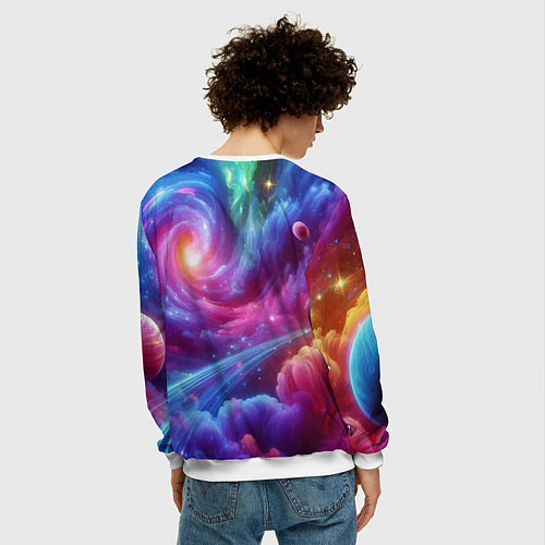 Мужской свитшот Рыжий космический котёнок - неоновое свечение / 3D-Белый – фото 4