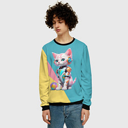 Свитшот мужской Кибер котёнок с мячиком - милашка, цвет: 3D-черный — фото 2