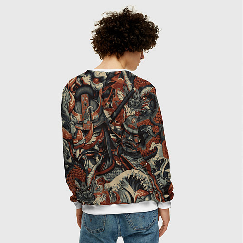 Мужской свитшот Драконы и самураи в стиле ирезуми / 3D-Белый – фото 4