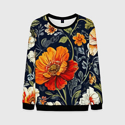 Свитшот мужской Маки и пионы старинный паттерн, цвет: 3D-черный