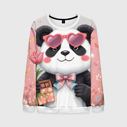 Свитшот мужской Панда в очках с подарками и с цветами на 8 марта, цвет: 3D-белый