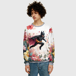 Свитшот мужской Бэтмен прыгает над цветами и бабочками, цвет: 3D-меланж — фото 2