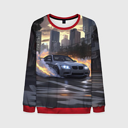 Свитшот мужской БМВ в вечернем городе, цвет: 3D-красный