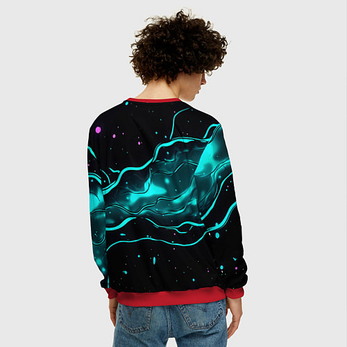 Мужской свитшот Голубые неоновые волны текстура / 3D-Красный – фото 4
