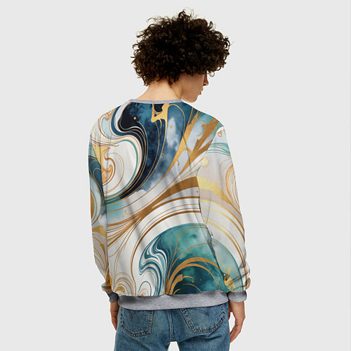 Мужской свитшот Аквамарин и оранж узор с завитками / 3D-Меланж – фото 4