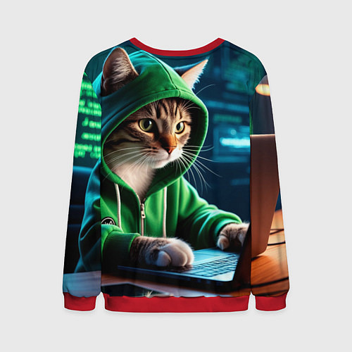 Мужской свитшот Котенок хакер за ноутбуком / 3D-Красный – фото 2