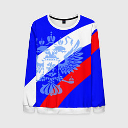 Свитшот мужской Герб России на фоне триколора синий, цвет: 3D-белый