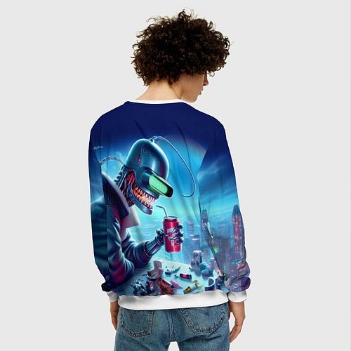 Мужской свитшот Кибер Бендер пьёт лимонад - неоновое свечение / 3D-Белый – фото 4