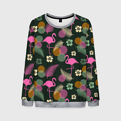 Свитшот мужской Фламинго и листья на темно-зеленом, цвет: 3D-меланж