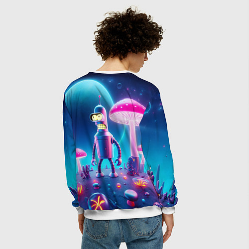 Мужской свитшот Робот-сгибальщик Бендер и неоновые грибы / 3D-Белый – фото 4