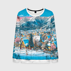 Свитшот мужской Новогодняя деревушка в горах, цвет: 3D-белый