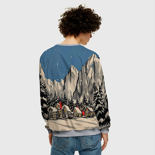 Мужской свитшот Небольшой новогодний город в горах / 3D-Меланж – фото 4