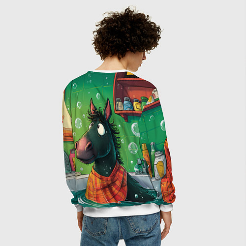 Мужской свитшот Лошадь моется в ванной / 3D-Белый – фото 4