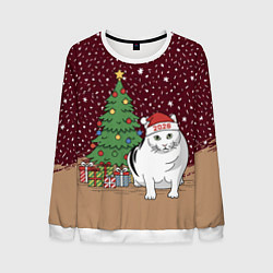 Свитшот мужской Кот Бендер и ёлка, цвет: 3D-белый