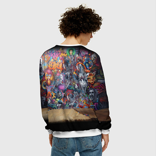 Мужской свитшот Коша породы Корниш-рекс на фоне граффити / 3D-Белый – фото 4