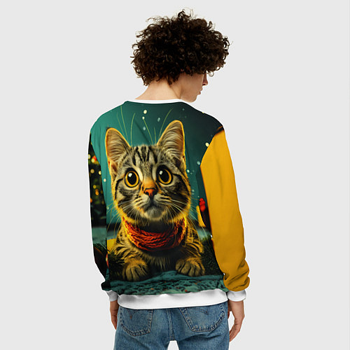 Мужской свитшот Удивленный новогодний котик / 3D-Белый – фото 4
