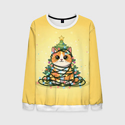 Свитшот мужской Новогодний котик в гирлянде, цвет: 3D-белый