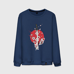 Свитшот хлопковый мужской Катана на фоне сакуры Z, цвет: тёмно-синий