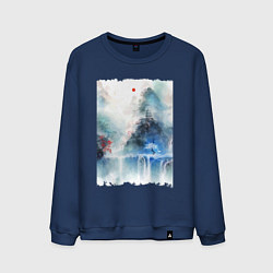 Свитшот хлопковый мужской Изумительный японский пейзаж, цвет: тёмно-синий