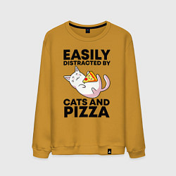Свитшот хлопковый мужской Легко отвлекаюсь на котов и пиццу, цвет: горчичный