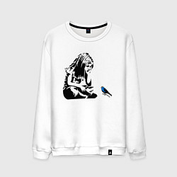 Свитшот хлопковый мужской BANKSY girl with blue bird БЭНКСИ девочка с синей, цвет: белый