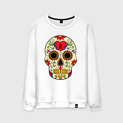 Свитшот хлопковый мужской Череп с замочком, с подсолнухами и цветами, цвет: белый