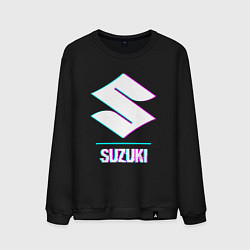 Свитшот хлопковый мужской Значок Suzuki в стиле glitch, цвет: черный