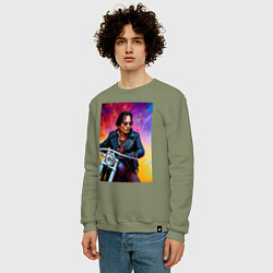 Свитшот хлопковый мужской Джонни Депп на мотоцикле - нейросеть, цвет: авокадо — фото 2