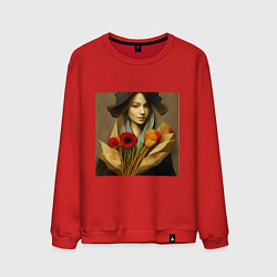 Свитшот хлопковый мужской Девушка с цветами в стиле экспрессионизм, дизайн 1, цвет: красный