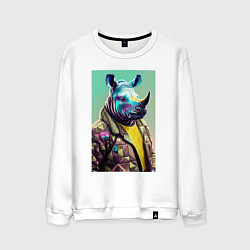 Свитшот хлопковый мужской Модный носорог - нейросеть, цвет: белый