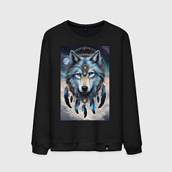 Свитшот хлопковый мужской Шаман волк, цвет: черный