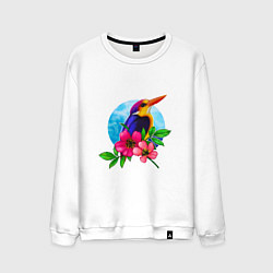 Свитшот хлопковый мужской Тропическая птица в цветах, цвет: белый