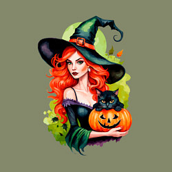 Свитшот хлопковый мужской Рыжая ведьма с тыквой и черным котом, цвет: авокадо — фото 2