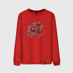 Свитшот хлопковый мужской Профиль индеец с перьями рисунок, цвет: красный