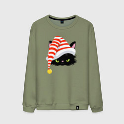 Свитшот хлопковый мужской Новогодний черный кот в новогоднем колпаке, цвет: авокадо