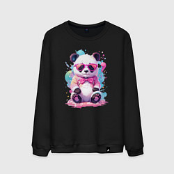 Свитшот хлопковый мужской Милая панда в розовых очках и бантике, цвет: черный