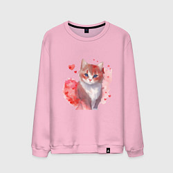 Свитшот хлопковый мужской Кошка в красных сердечках, цвет: светло-розовый