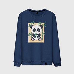 Свитшот хлопковый мужской Панда кушает бамбук, цвет: тёмно-синий