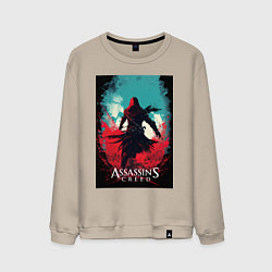 Свитшот хлопковый мужской Assassins creed red blue abstract, цвет: миндальный