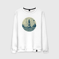 Свитшот хлопковый мужской Стилизованный ночной морской пейзаж и маяк, цвет: белый