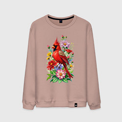 Свитшот хлопковый мужской Птица красный кардинал среди цветов, цвет: пыльно-розовый