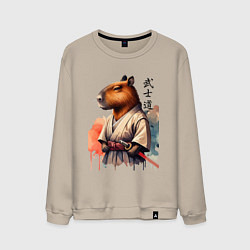 Свитшот хлопковый мужской Capybara samurai - ai art fantasy, цвет: миндальный