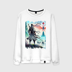 Свитшот хлопковый мужской Warrior samurai - ai art watercolor, цвет: белый