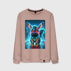 Свитшот хлопковый мужской Cyber Pikachu in the neon metropolis - ai art, цвет: пыльно-розовый