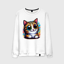 Свитшот хлопковый мужской Милый котенок с большими разноцветными глазами, цвет: белый