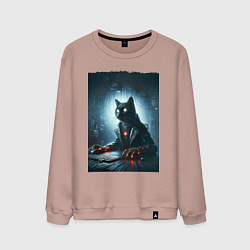 Свитшот хлопковый мужской Кибер кот за компьютером - неоновое свечение, цвет: пыльно-розовый