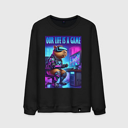 Мужской свитшот Капибара заядлый геймер - неоновое свечение