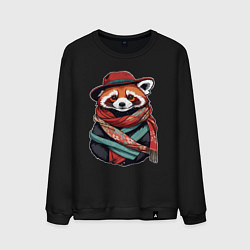 Свитшот хлопковый мужской Красная панда в шляпе и шарфе, цвет: черный
