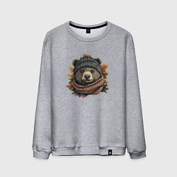 Свитшот хлопковый мужской Медведь в шарфе и шапке, цвет: меланж